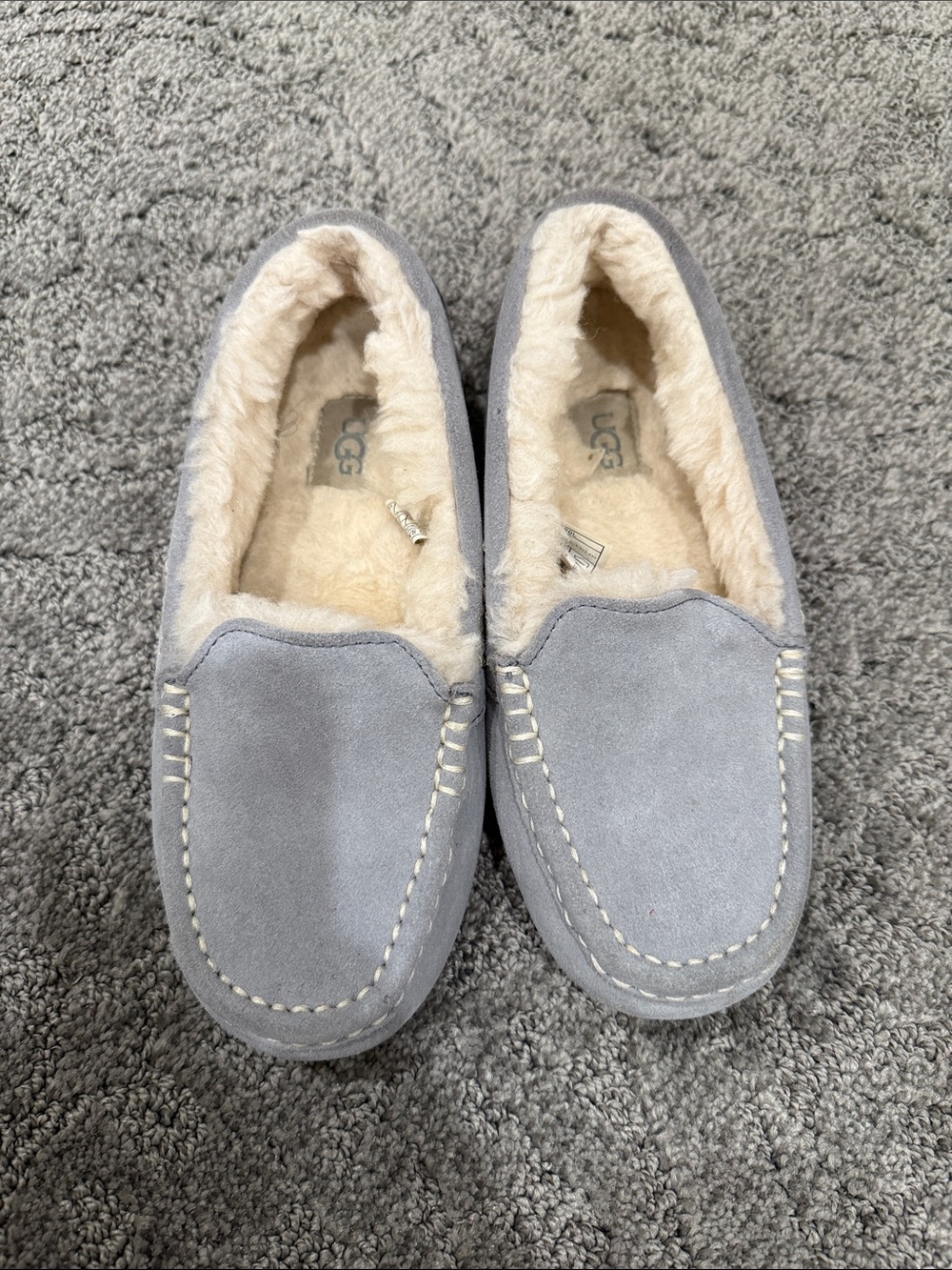 UGG Light Gray Suede Shearling-Lined Moccasin Slippers